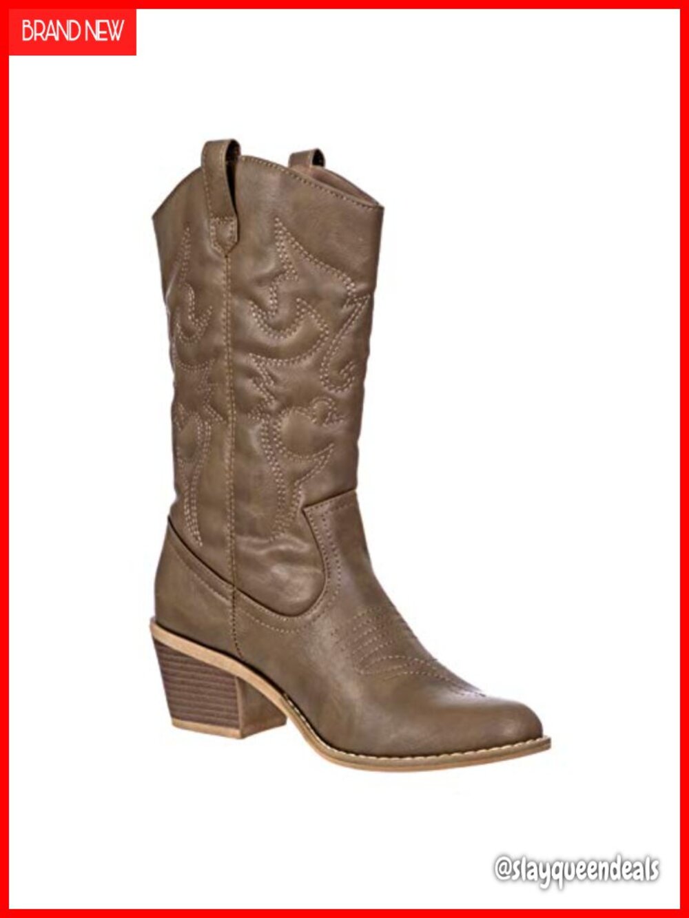 Mid-Calf Cowboy Boots Embroidered Western Vegan Leather Slip-On Stacked Heel